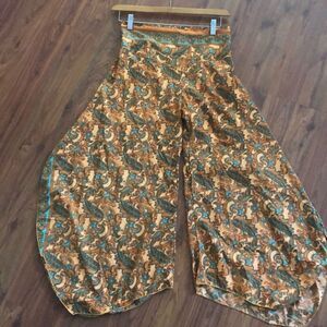 100% silk, orange harem, bohemian style pant wide, leg, slit, side, xs/s￼
